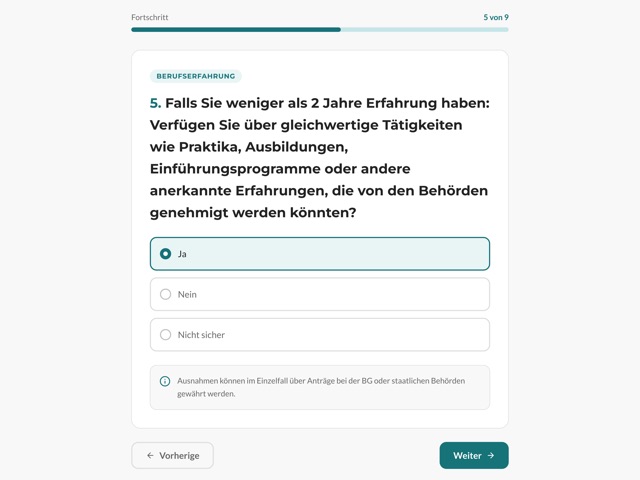 Fortschrittsbalken bei 5 von 9, darunter die fünfte Frage mit den Antworten Ja, Nein und Nicht sicher. Ja ist gewählt.