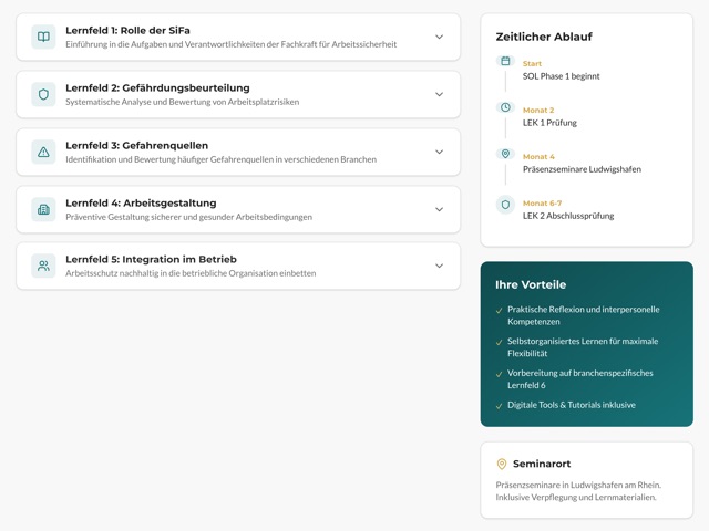 Fünf aufklappbare Karten für die Lernfelder 1 bis 5, daneben der zeitliche Ablauf mit vier Stationen, die Vorteile und der Seminarort.