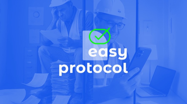 easy-protocol-Logo auf kräftigem Blau, dahinter eine Baustellenszene mit Smartphone-Nutzer