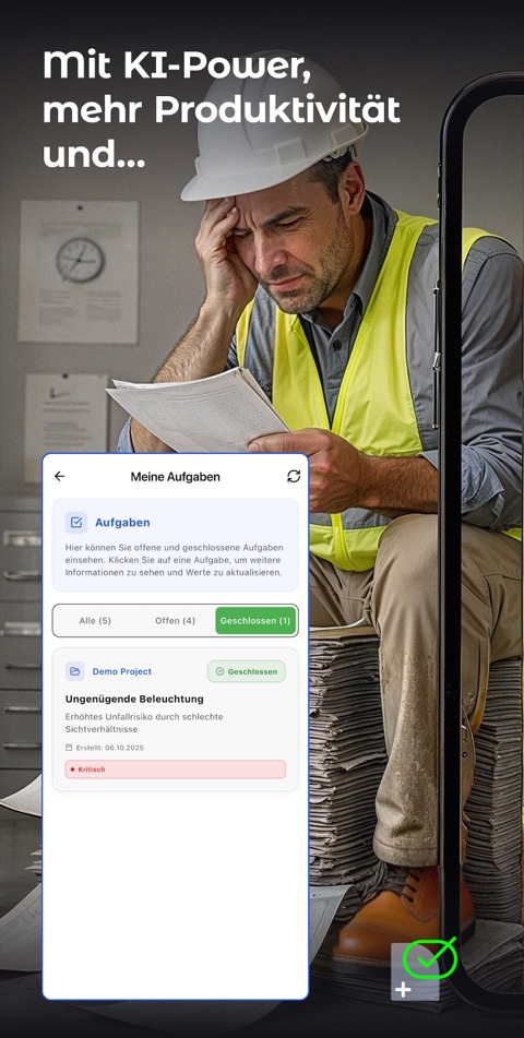 Sicherheitsfachkraft mit Tablet, davor die Aufgabenliste der App: „Mit KI-Power mehr Produktivität“