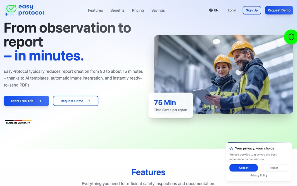 Startseite von easy-protocol.de: Hero mit App-Ansicht, 75-Minuten-Badge und zwei Call-to-Actions