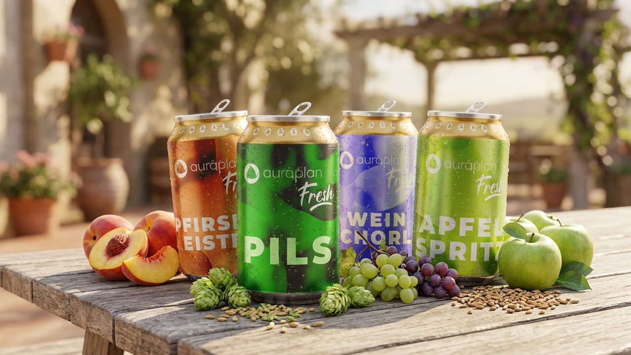 Vier Getränkedosen auf einem Holztisch im Freien, daneben Pfirsiche, Hopfen, Trauben und Äpfel. Auf jeder Dose steht das Zeichen von auraplan und der Schriftzug Fresh.