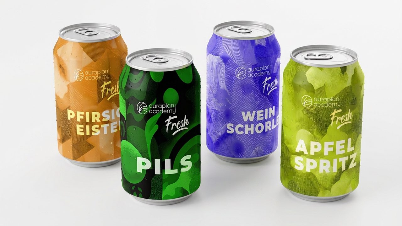 Vier Getränkedosen vor weißem Grund, jede mit einer flächigen Illustration. Auf jeder Dose steht das Zeichen der auraplan academy und der Schriftzug Fresh.