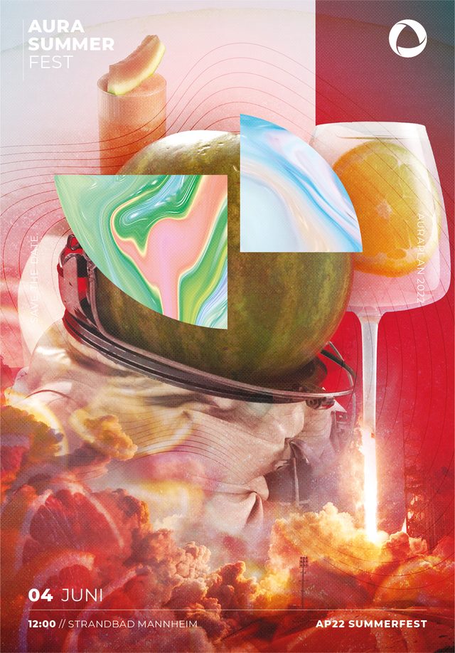 Plakat in Rot und Rosa. Eine Wassermelone mit Sonnenbrille über einer startenden Rakete, dazu ein Weinglas und gemusterte Farbflächen.