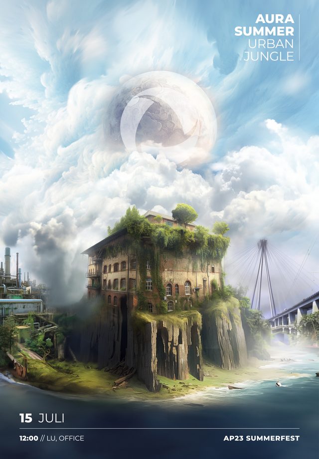 Plakat mit einem bewachsenen Backsteinhaus auf einer Klippe im Wasser. Dahinter ein Industriewerk, eine Brücke und ein großer Mond.