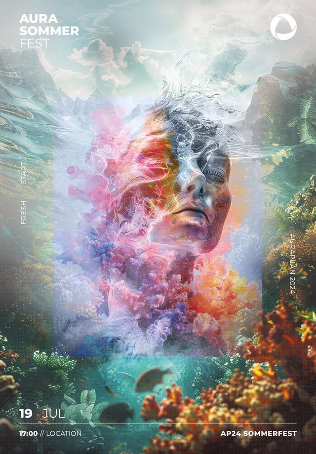 Plakat mit einem Gesicht aus Wasser und Korallen über einem Riff. Farben in Rosa, Türkis und Orange.