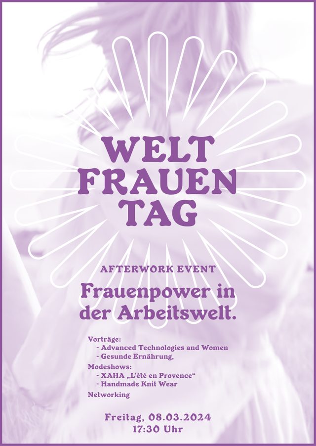 Plakat in Violett. Der Rücken einer Frau hinter einem weißen Strahlenkranz, darauf Titel und Programm.