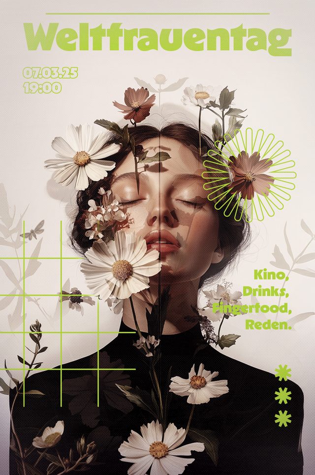Plakat mit dem Porträt einer Frau mit geschlossenen Augen, überwachsen von weißen Margeriten, dazu neongrüne Linien.