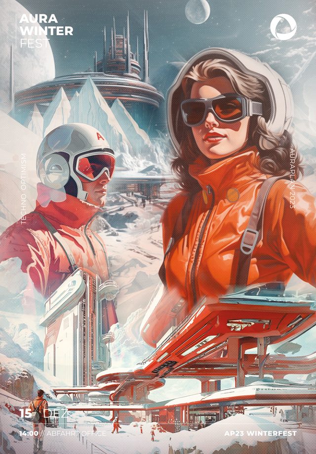Plakat im Stil einer alten Werbeillustration. Zwei Menschen in roten Skianzügen stehen vor einer Bergstation aus der Zukunft.