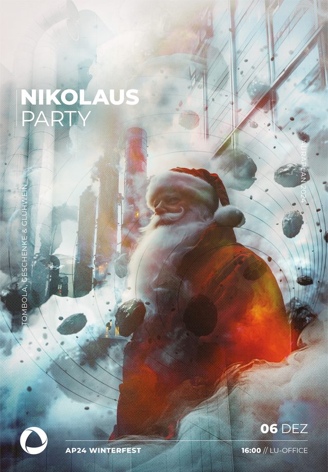 Plakat in Weiß und Rot. Ein Nikolaus im Schneetreiben zwischen hohen Häusern, umgeben von schwebenden Steinen.